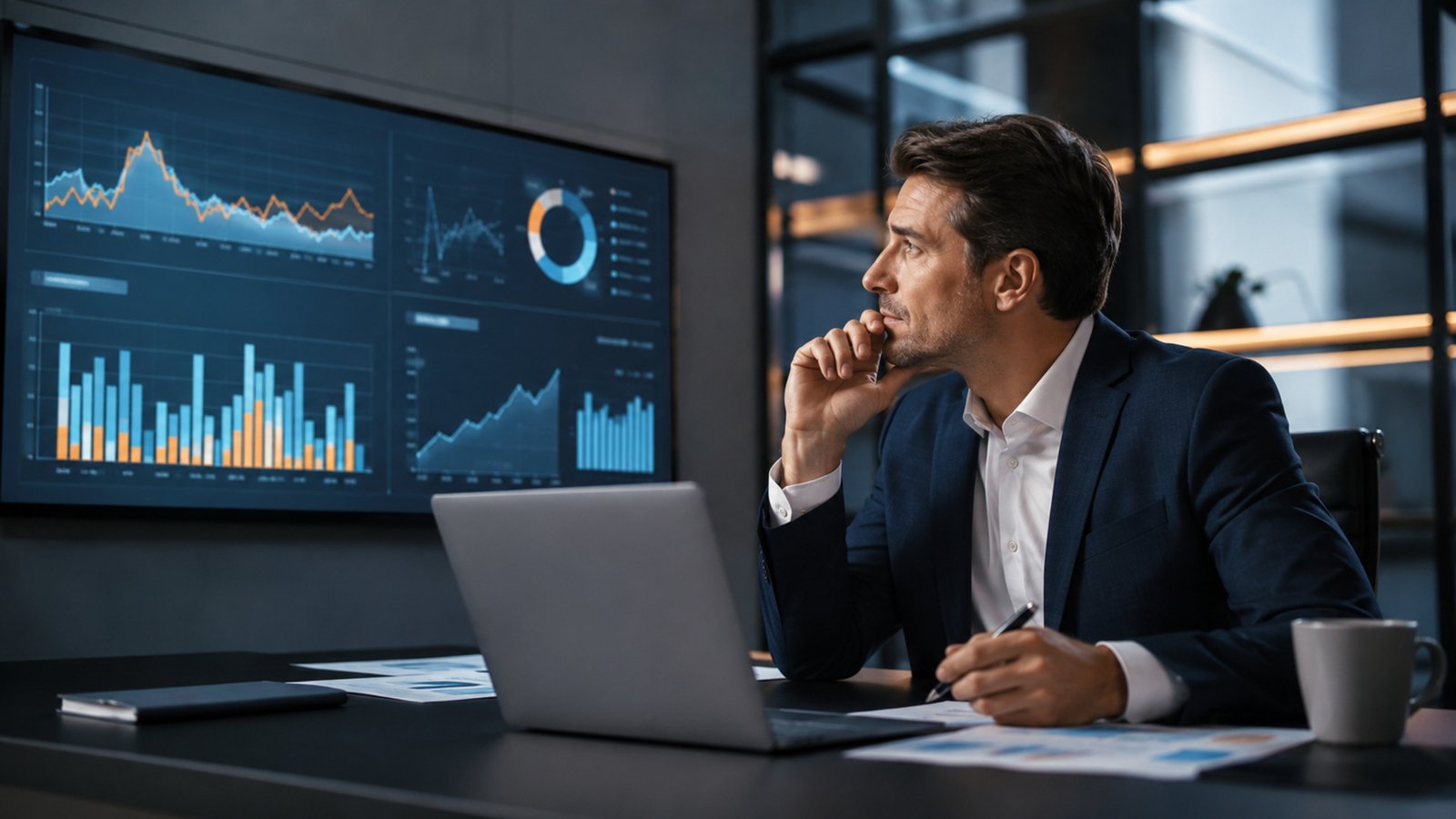 Gestor analisando indicadores de gestão em um painel de desempenho